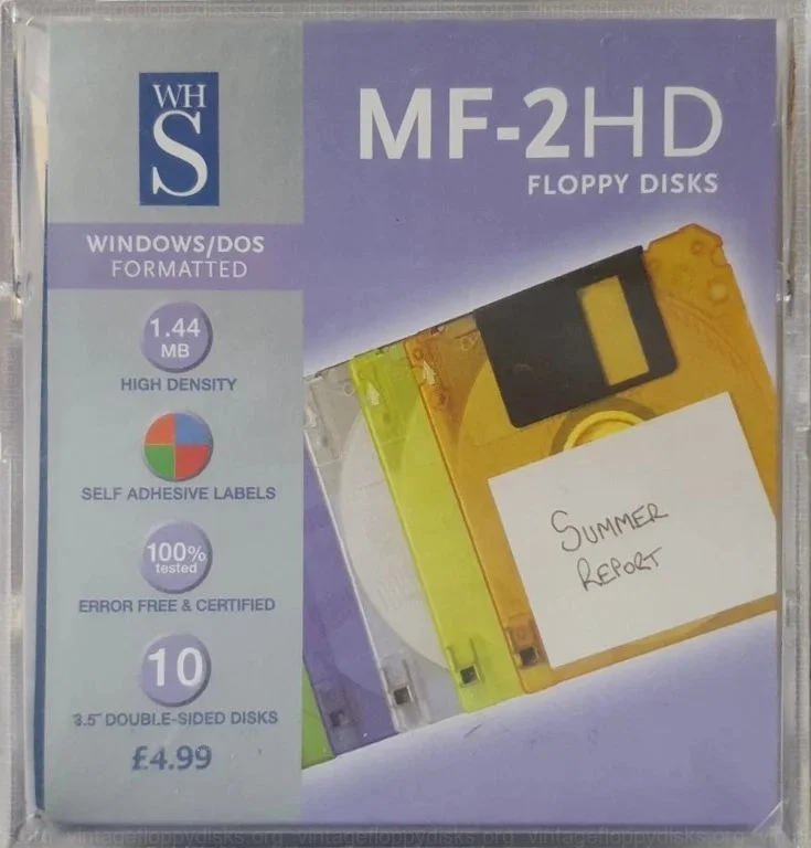a vintage floppy disk pack from WH Smith. Floppy name: WH S MF-2HD