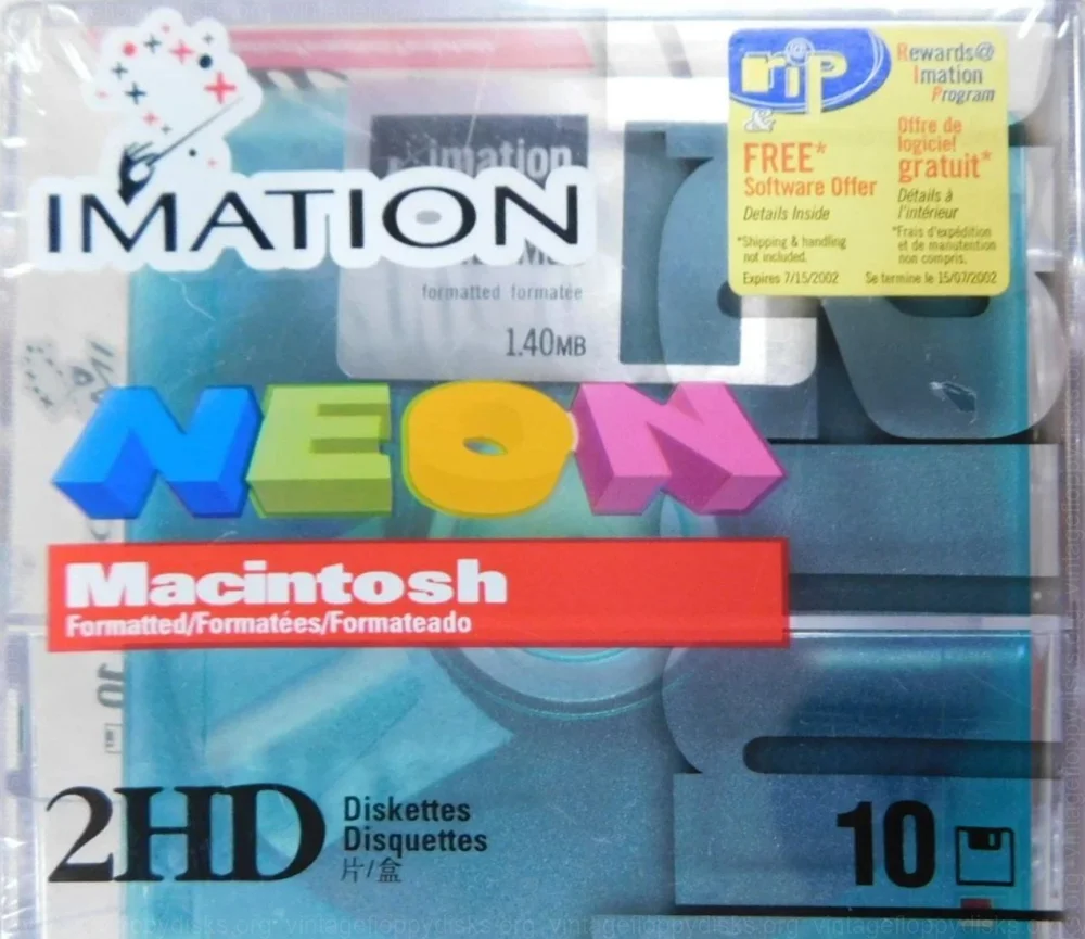 a vintage floppy disk pack from Imation. Floppy name: Imation Neon 2HD
