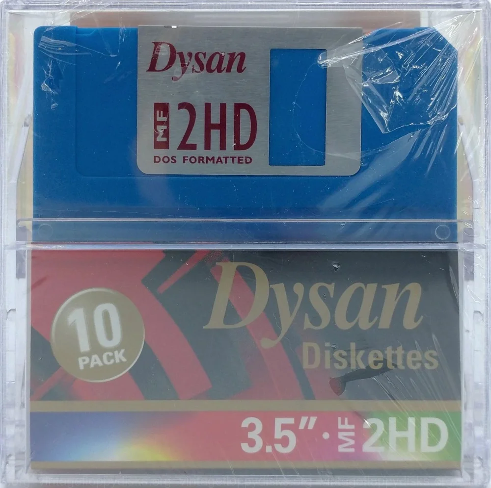 a vintage floppy disk pack from Dysan. Floppy name: Dysan MF 2HD