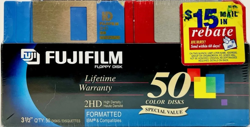 a vintage floppy disk pack from Fuji. Floppy name: Fujifilm 2HD