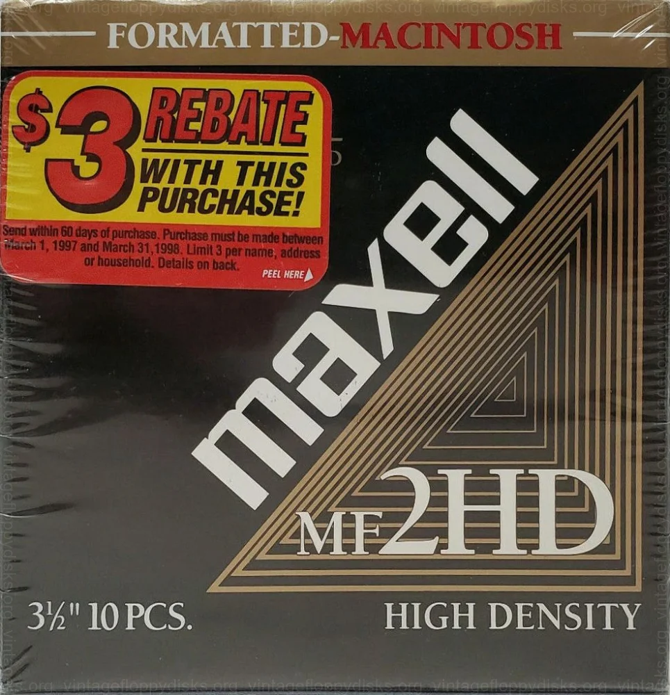 a vintage floppy disk pack from Maxell. Floppy name: Maxell MF2HD