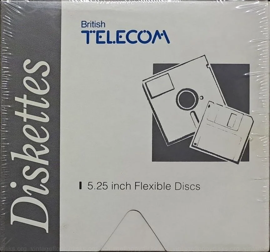 a vintage floppy disk pack from BT. Floppy name: BT
