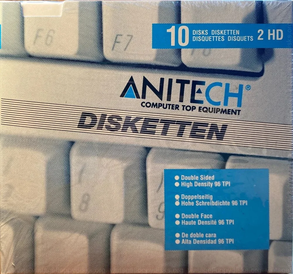a vintage floppy disk pack from Anitech. Floppy name: Anitech 2HD