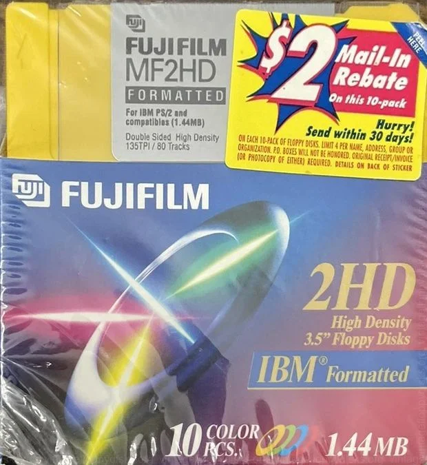 a vintage floppy disk pack from Fuji