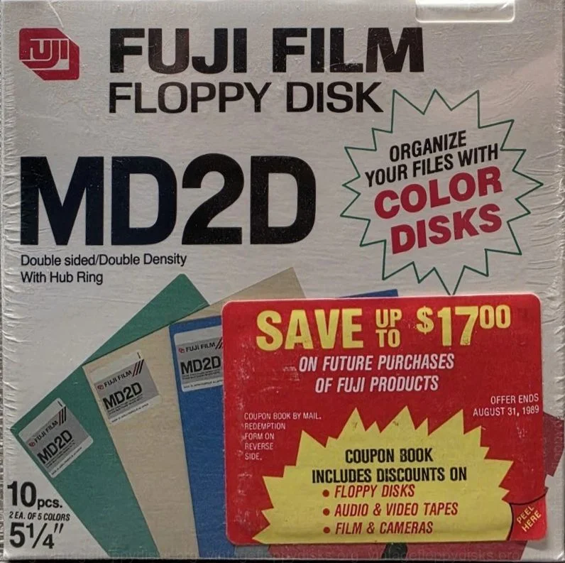 a vintage floppy disk pack from Fuji. Floppy name: Fuji Film Floppy Disk MD2D